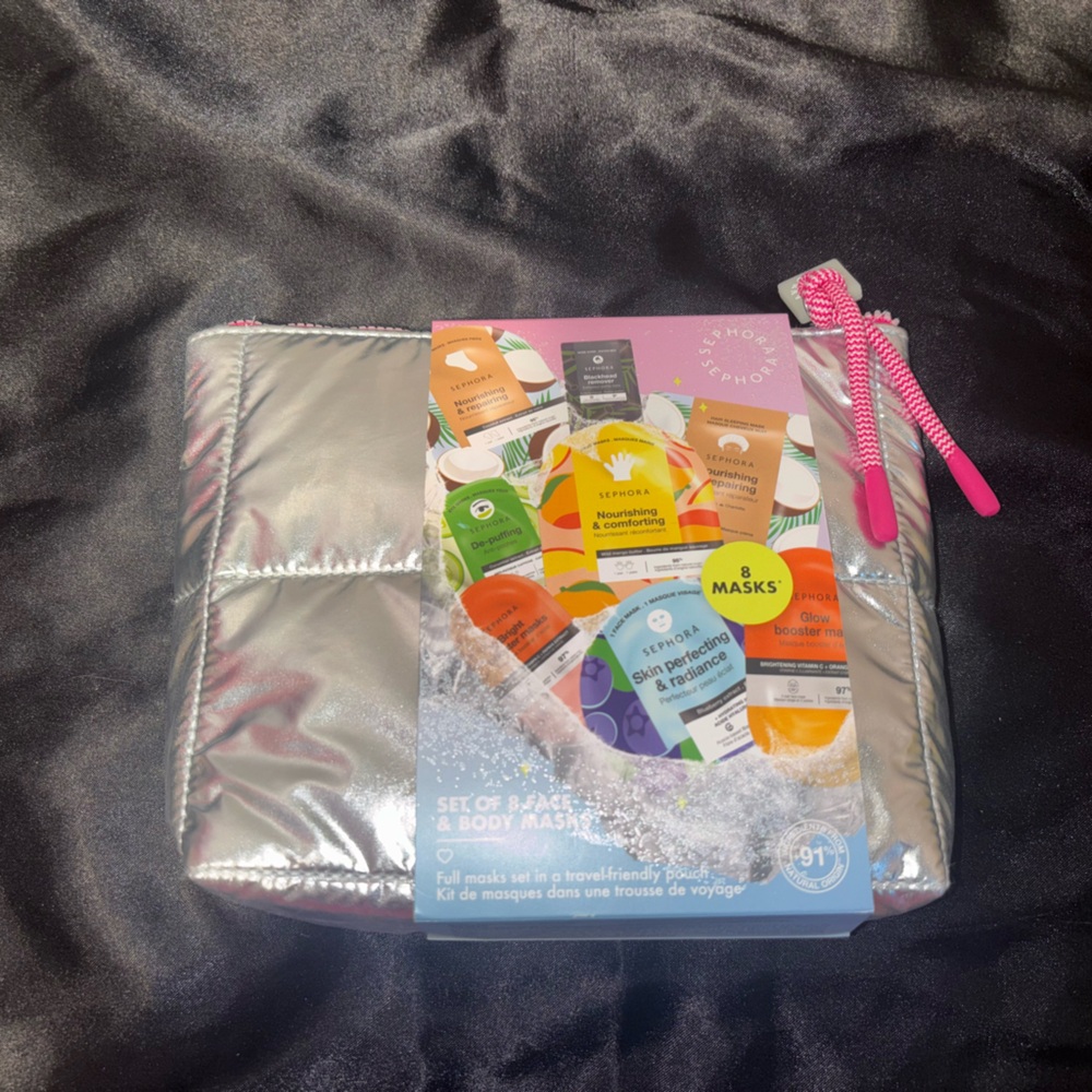 Silver Cosmetic Bag with Pink Zipper gift set with 8 different masks.